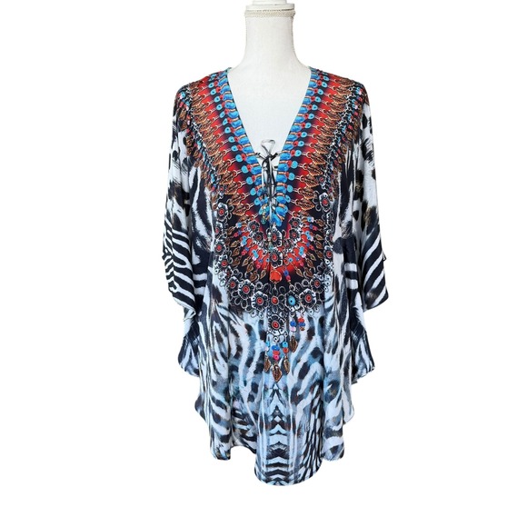 Sakkas Caftan Dress Cover Up Beach Tunic One Size White Animal Print - Picture 1 of 9